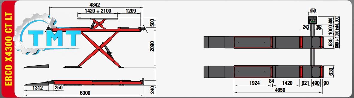 Kích thước Cầu nâng cắt kéo cho kiểm tra góc đặt bánh xe ERCO X4300CTLT