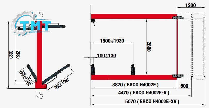 kích thước cầu nâng 2 trụ Corghi ERCO H4002E