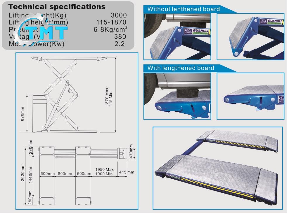 Phụ kiện và kích thước cầu nâng cắt kéo siêu mỏng lắp nổi GL 1004