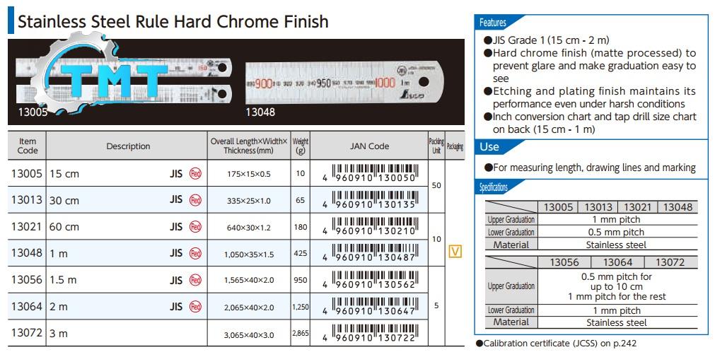 13005-spec Thước thép mạ Chrome, Shinwa 13005, Shinwa 150mm, thước thép nhập khẩu,