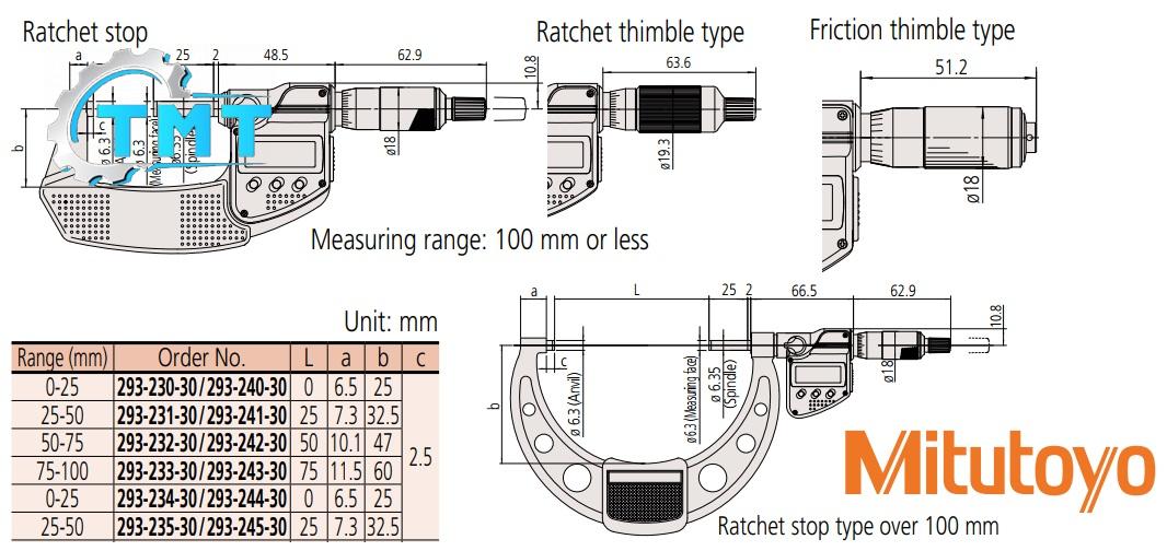 293-spec-2 Panme điện tử đo ngoài Mitutoyo, Mitutoyo 293-240-30, 293-241-30