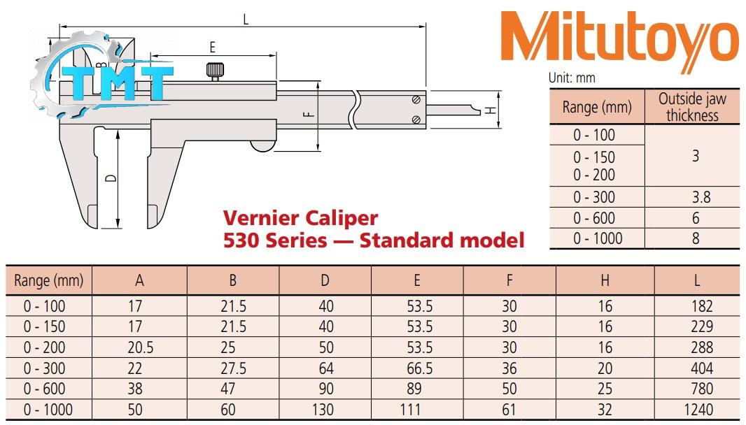 530-spec-1 Thước cặp cơ khí Mitutoyo, Mitutoyo 530, 530-108, thước cặp dài 200mm