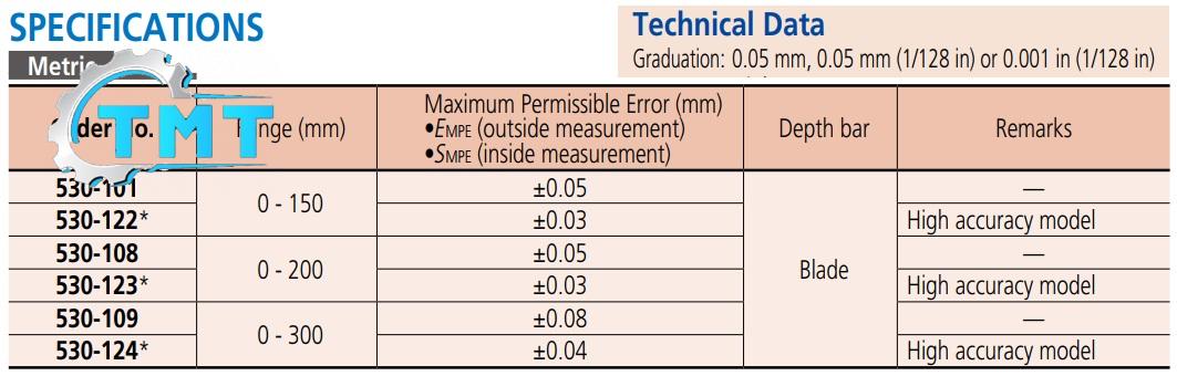 530-spec-2 Thước cặp Mitutoyo, Mitutoyo 530-108, Mitutoyo 530-109