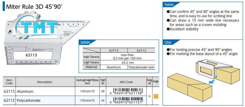 62113-spec-1 Thước đo góc kết hợp, đo góc 45 độ, Shinwa 62113