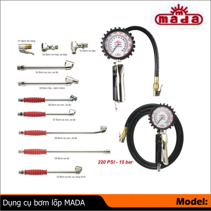 Dụng cụ bơm lốp MADA, tay bơm lốp, đồng hồ đo hơi