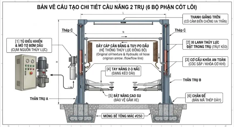 Cấu Tạo Cầu Nâng 2 Trụ Chi Tiết, Nguyên Lý Vận Hành & Sơ Đồ Kỹ Thuật 2 SƠ ĐỒ MÔ PHỎNG VỊ TRÍ 6 BỘ PHẬN CỐT LÕI CỦA CẦU NÂNG 2 TRỤ