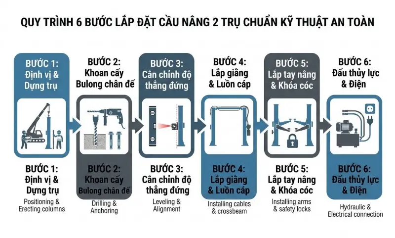 Hướng Dẫn Cách Lắp Đặt Cầu Nâng 2 Trụ Chi Tiết Chuẩn Kỹ Thuật A-Z 2 Quy trình 6 bước trong cách lắp đặt cầu nâng 2 trụ chuẩn an toàn