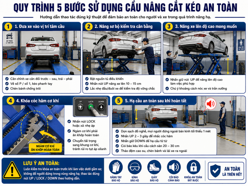Hướng Dẫn Cách Sử Dụng Cầu Nâng Cắt Kéo An Toàn Và Đúng Kỹ Thuật 1 Quy trình 5 bước sử dụng cầu nâng cắt kéo an toàn