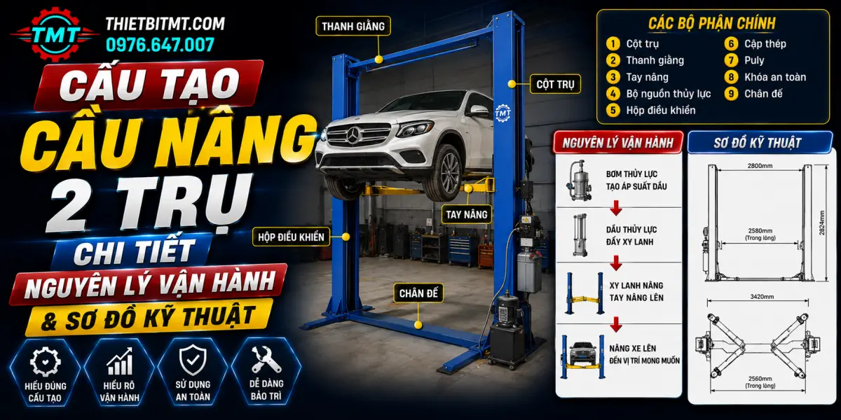 Cấu Tạo Cầu Nâng 2 Trụ Chi Tiết, Nguyên Lý Vận Hành & Sơ Đồ Kỹ Thuật