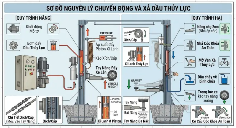 Cấu Tạo Cầu Nâng 2 Trụ Chi Tiết, Nguyên Lý Vận Hành & Sơ Đồ Kỹ Thuật 3 SƠ ĐỒ CHUYỂN ĐỘNG NGUYÊN LÝ BƠM VÀ XẢ DẦU THỦY LỰC