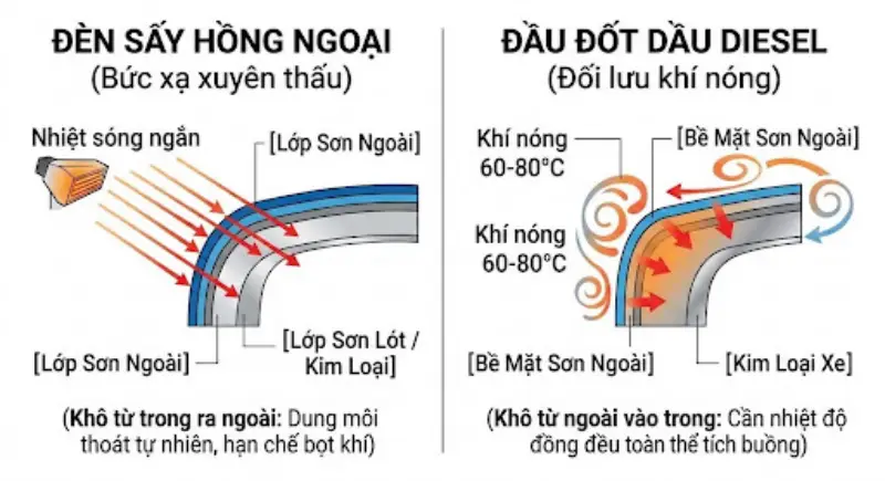 Nên Chọn Phòng Sơn Sấy Hồng Ngoại Hay Đầu Đốt Dầu Diesel Cho Gara Ô Tô? 1 Sơ đồ tổng quan về 2 công nghệ gia nhiệt phòng sơn ô tô phổ biến