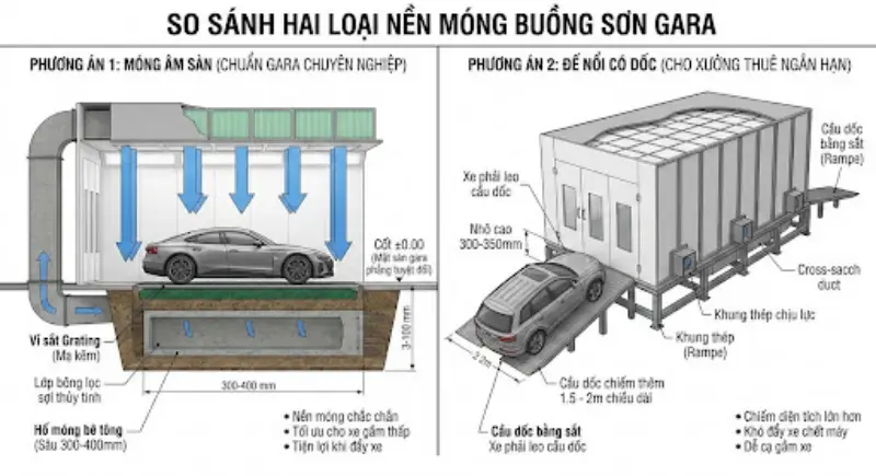Quy Chuẩn Thiết Kế Nền Móng Và Hệ Thống Hút Âm Sàn Cho Buồng Sơn Gara 2 So sánh: Phòng sơn móng âm sàn vs. Phòng sơn đế nổi khung thép
