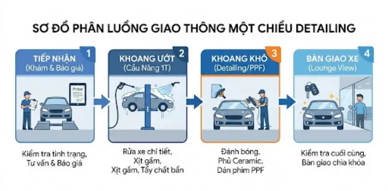 Kinh Nghiệm Setup Trung Tâm Chăm Sóc Xe Hơi Chuyên Nghiệp Từ A-Z 2 SƠ ĐỒ PHÂN LUỒNG GIAO THÔNG MỘT CHIỀU