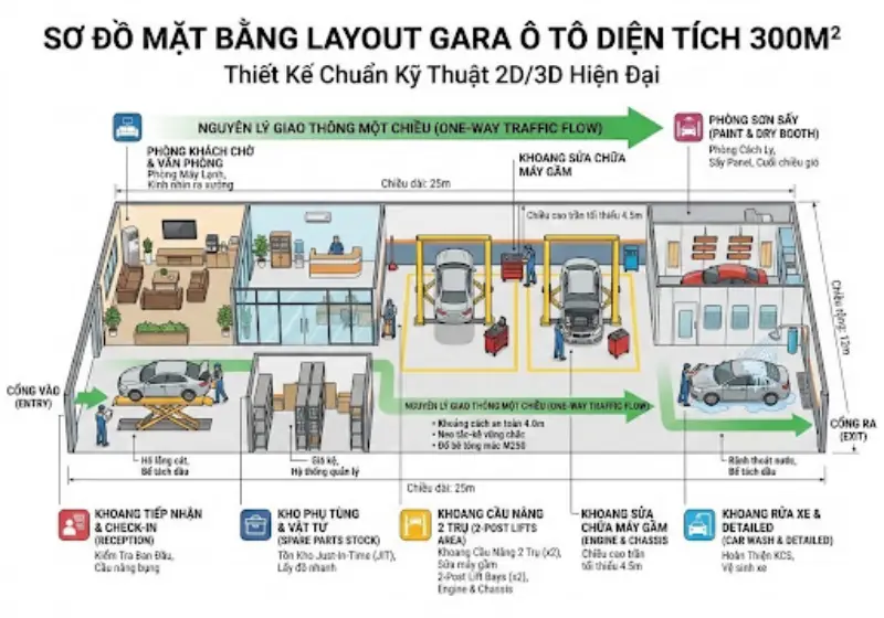 Mở Gara Ô Tô Cần Những Gì? Bản Kế Hoạch Vận Hành Và Dự Toán Chi Phí Từ A-Z 2 Sơ đồ bố trí mặt bằng cho gara ô tô